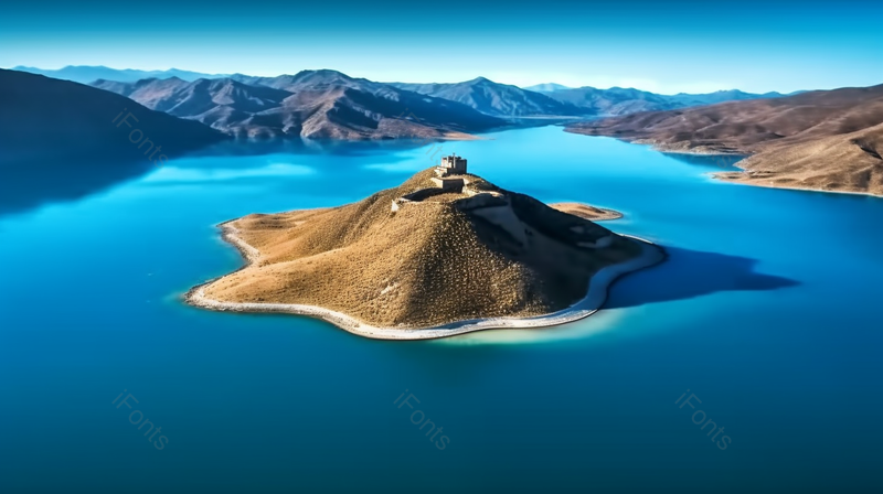 蓝色湖心小岛阳光映衬自然风光摄影,高清,摄影图,摄影图片,图片大全,摄影图免费下载